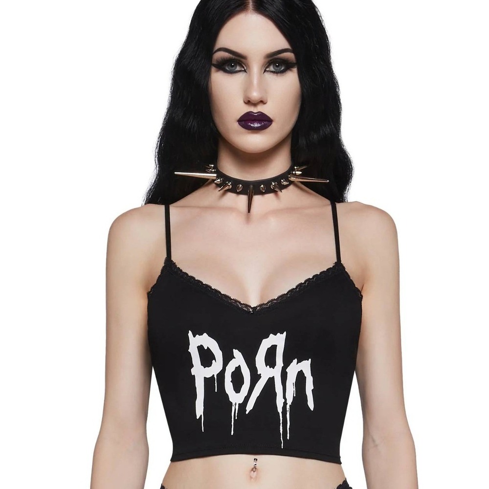 Widow Camisole Women 3X Black Graphic Lace Trim Cropped Cami SKU 1299